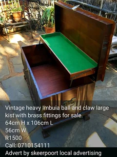 Vintage heavy Imbuia ball and claw large kist with brass fittings for sale