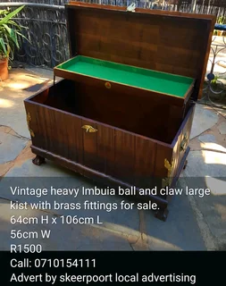 Vintage heavy Imbuia ball and claw large kist with brass fittings for sale