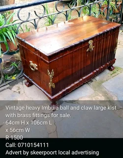 Vintage heavy Imbuia ball and claw large kist with brass fittings for sale