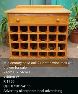 Mid century solid oak 24 bottle  wine rack  with drawer for sale