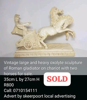 Vintage large and heavy oxolyte sculpture of Roman gladiator on chariot with two horses for sale.