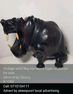 Vintage solid 8kg iron wood hippo sculpture for sale