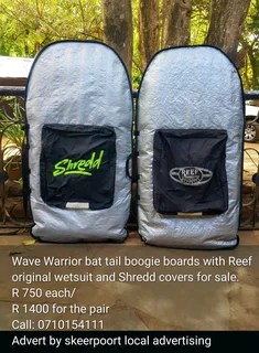 2x Wave warrior bat tail boogie boards with Reef original wetsuit covers for sale