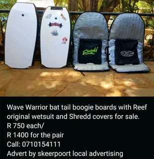 2x Wave warrior bat tail boogie boards with Reef original wetsuit covers for sale
