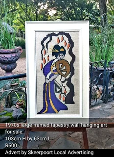 Vintage large glass framed tapestry art for sale