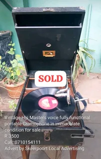 Vintage His Masters voice fully functional portable Gramophone in immaculate condition  for sale in