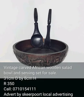 Vintage carved African bowl and serving set for sale.