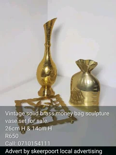 Vintage solid brass money bag sculpture vase set for sale.