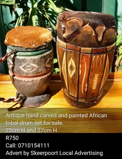 Antique hand carved African tribal drum set for sale