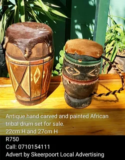 Antique hand carved African tribal drum set for sale