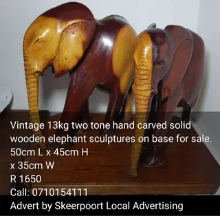 Vintage 13kg two tone hand carved solid wooden elephant sculptures on base for sale