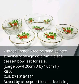 Vintage French Arcoroc hand painted strawberry design gold rim 7 piece set for sale