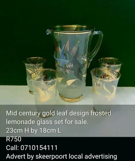 Mid century gold leaf design frosted lemonade glass set for sale