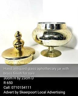 Hand painted antiqued glass apothecary jar with brass finish for sale
