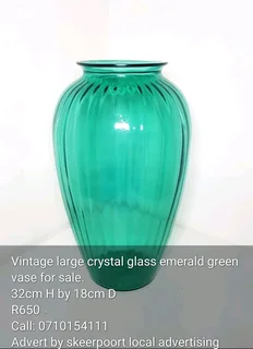 Vintage large crystal glass emerald green vase for sale