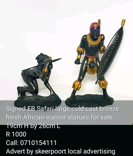 Signed EB Safari cold cast bronze finish African warrior statue for sale