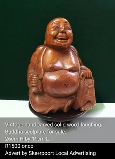 Vintage hand carved solid wood laughing Buddha sculpture for sale