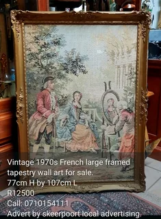 Vintage 1070s French large framed tapestry art for sale