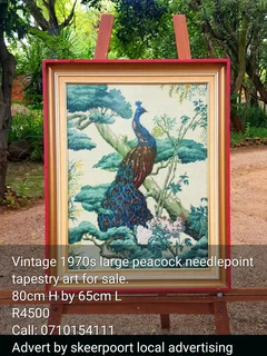 Vintage 1970s large peacock needlepoint tapestry art for sale
