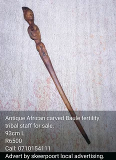 Antique African carved Baule fertility tribal staff for sale