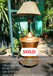 XXL vintage hand hammered copper pot floor lamp for sale