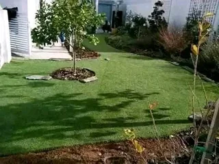 Artificial grass and paving.