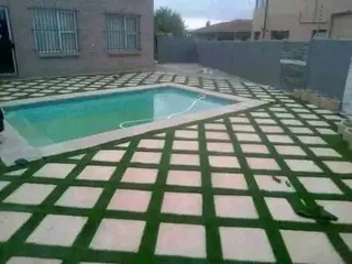 Artificial grass and paving.