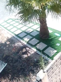 Artificial grass and paving.