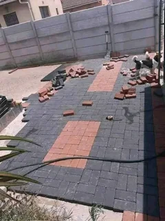 Artificial grass and paving.