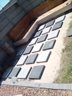 Artificial grass and paving.