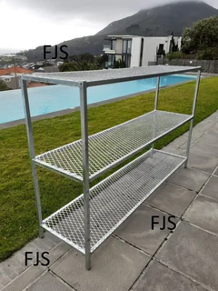 CUSTOM  FJS  STORAGE STANDS FOR GARAGE, GARDEN AND HOME, TIMBER BEAM TRESTLES, STEEL SHEL