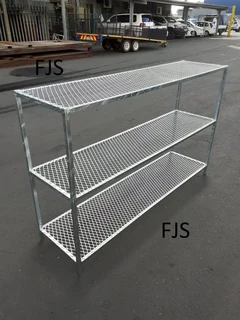 CUSTOM  FJS  STORAGE STANDS FOR GARAGE, GARDEN AND HOME, TIMBER BEAM TRESTLES, STEEL SHEL