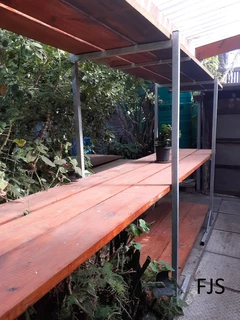 CUSTOM  FJS  STORAGE STANDS FOR GARAGE, GARDEN AND HOME, TIMBER BEAM TRESTLES, STEEL SHEL