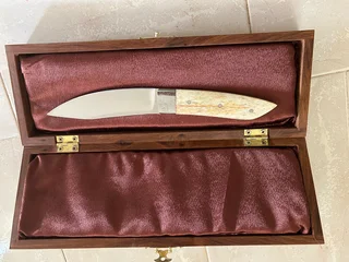 Handmade knife with Giraffe bone handle and wooden didplay box