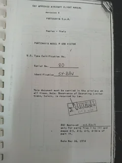 Partenavia P 68 Aircraft Flight Manual dated 1974