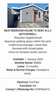 Neat Bedroom House To Rent, N.u.2 Motherwell, Port Elizabeth