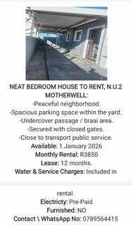 NEAT BEDROOM HOUSE TO RENT, N.U.2 MOTHERWELL, PORT ELIZABETH