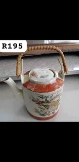 1979 Teapot Satsuma Japan Peacock Bamboo Handle Gold Designs Vintage Hand Painted