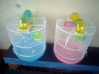 2 small hamster cages 35cm high x 30cm wide each R375 each (The pink one is missing 1 clip)