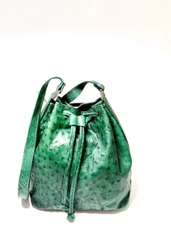 Ostrich Leather Drawstring Bucket Bag – Green