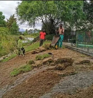 Artificial synthetic grass and brown decorative stones