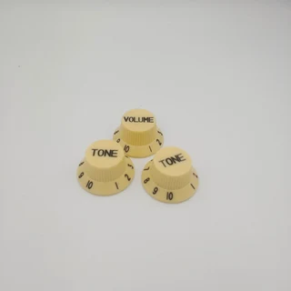 Ivory with Black Writing Strat style replacement knob set – 1 Volume, 2 tone