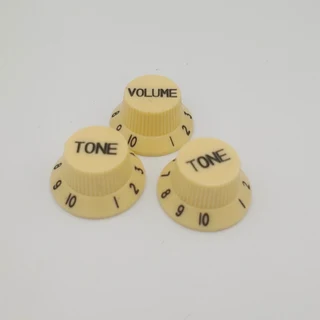 Ivory with Black Writing Strat style replacement knob set – 1 Volume, 2 tone