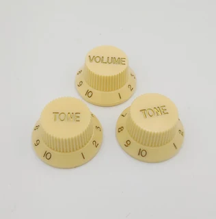 Ivory with Gold Writing Strat style replacement knob set – 1 Volume, 2 tone