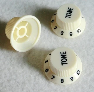 Vintage White with Black Writing Strat style replacement knob set – 1 Volume, 2 tone