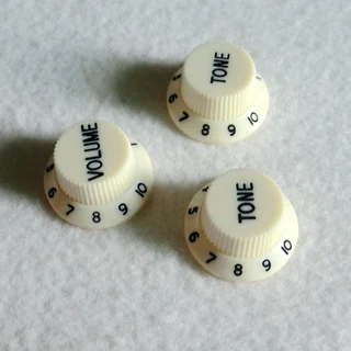 Vintage White with Black Writing Strat style replacement knob set – 1 Volume, 2 tone