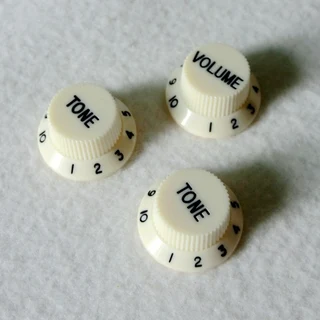 Vintage White with Black Writing Strat style replacement knob set – 1 Volume, 2 tone