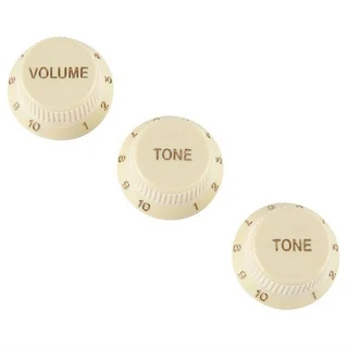 Vintage White with Gold Writing Strat style replacement knob set – 1 Volume, 2 tone
