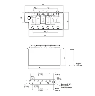 Gold Modern Strat 6 point Tremolo Bridge Complete – 52.5mm spacing Full size block