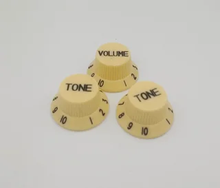 Ivory with Black Writing Strat style replacement knob set – 1 Volume, 2 tone